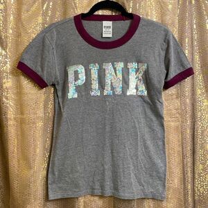 PINK Victoria’s Secret gray/maroon holographic sequin bling crewneck t-shirt XS